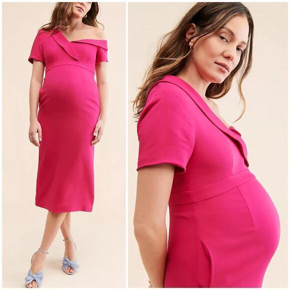 Emilia George Lauren Maternity Dress Off-Shoulder Cocktail Midi Rasberry Pink XS - Picture 1 of 12